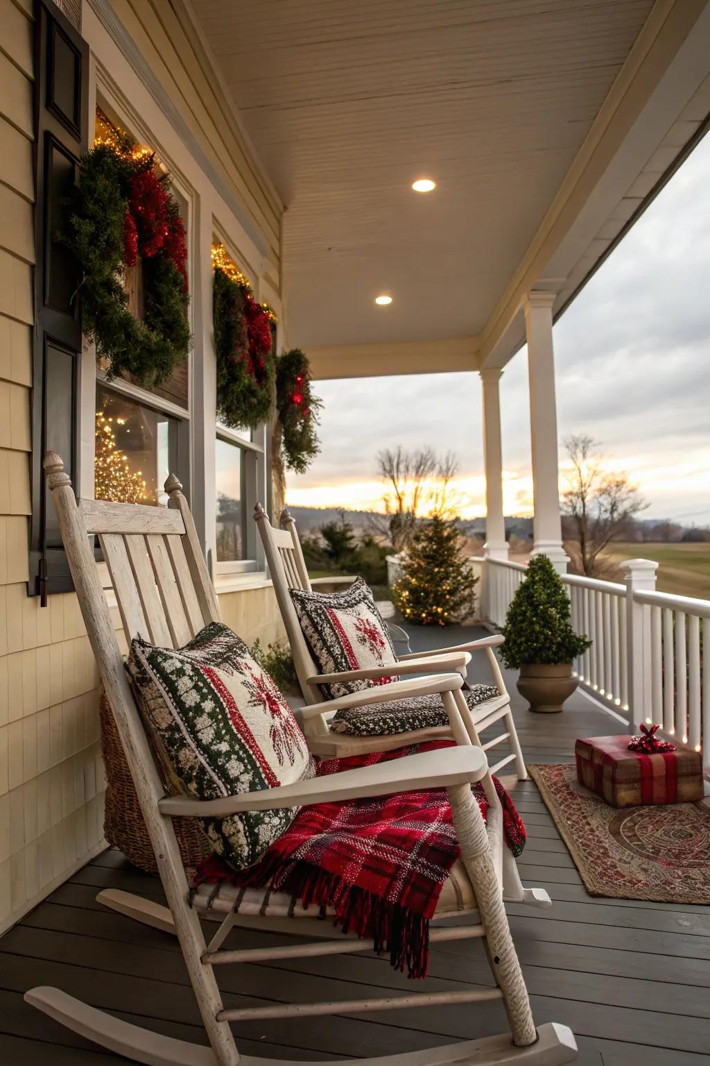Swinging seats offer a cozy spot to relish the holiday view.