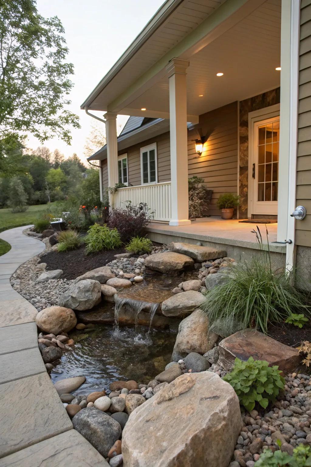 Raw rock features including a modest water element contribute texture to this front porch.