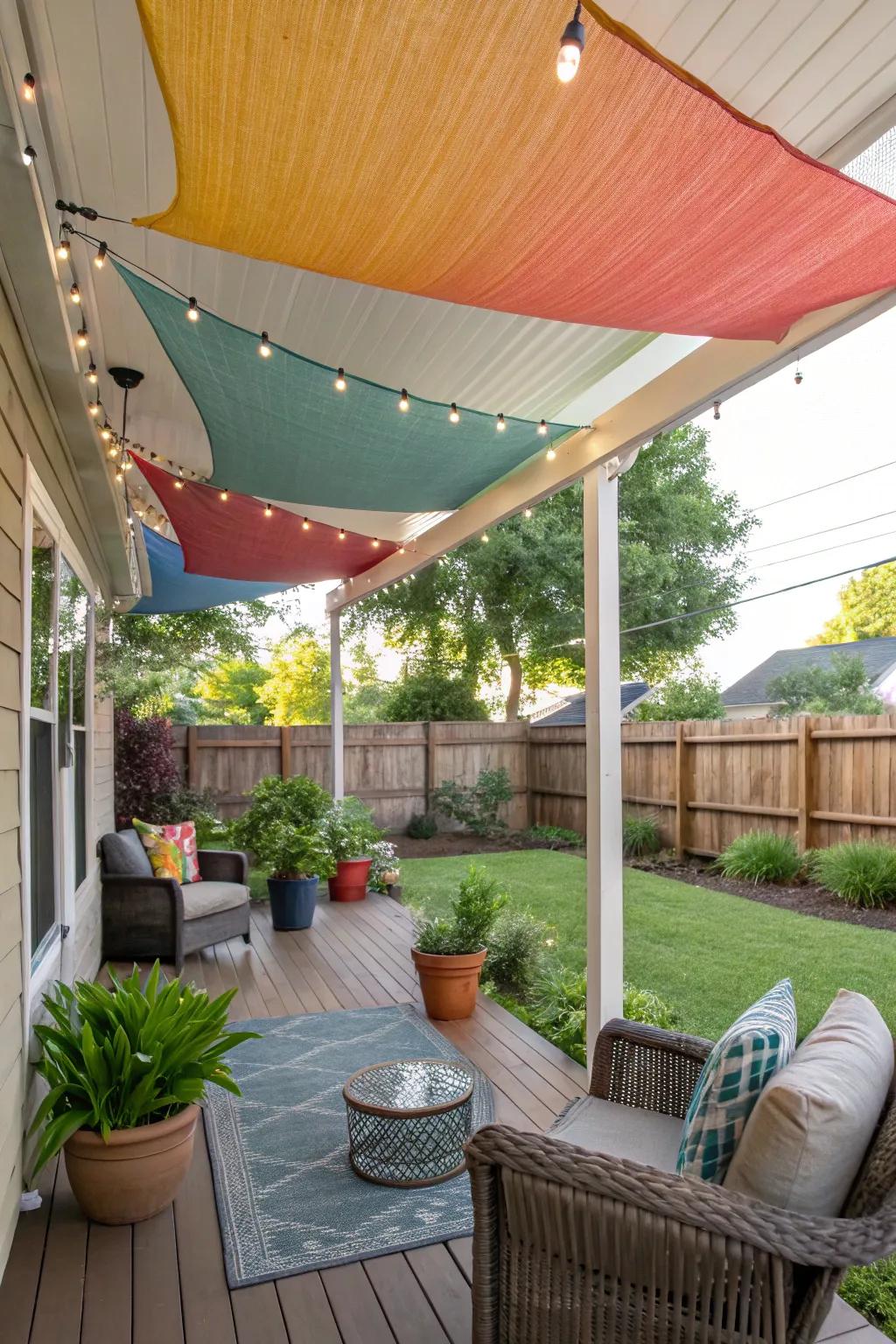 Shade canopies append color and seclusion to a welcoming front porch.