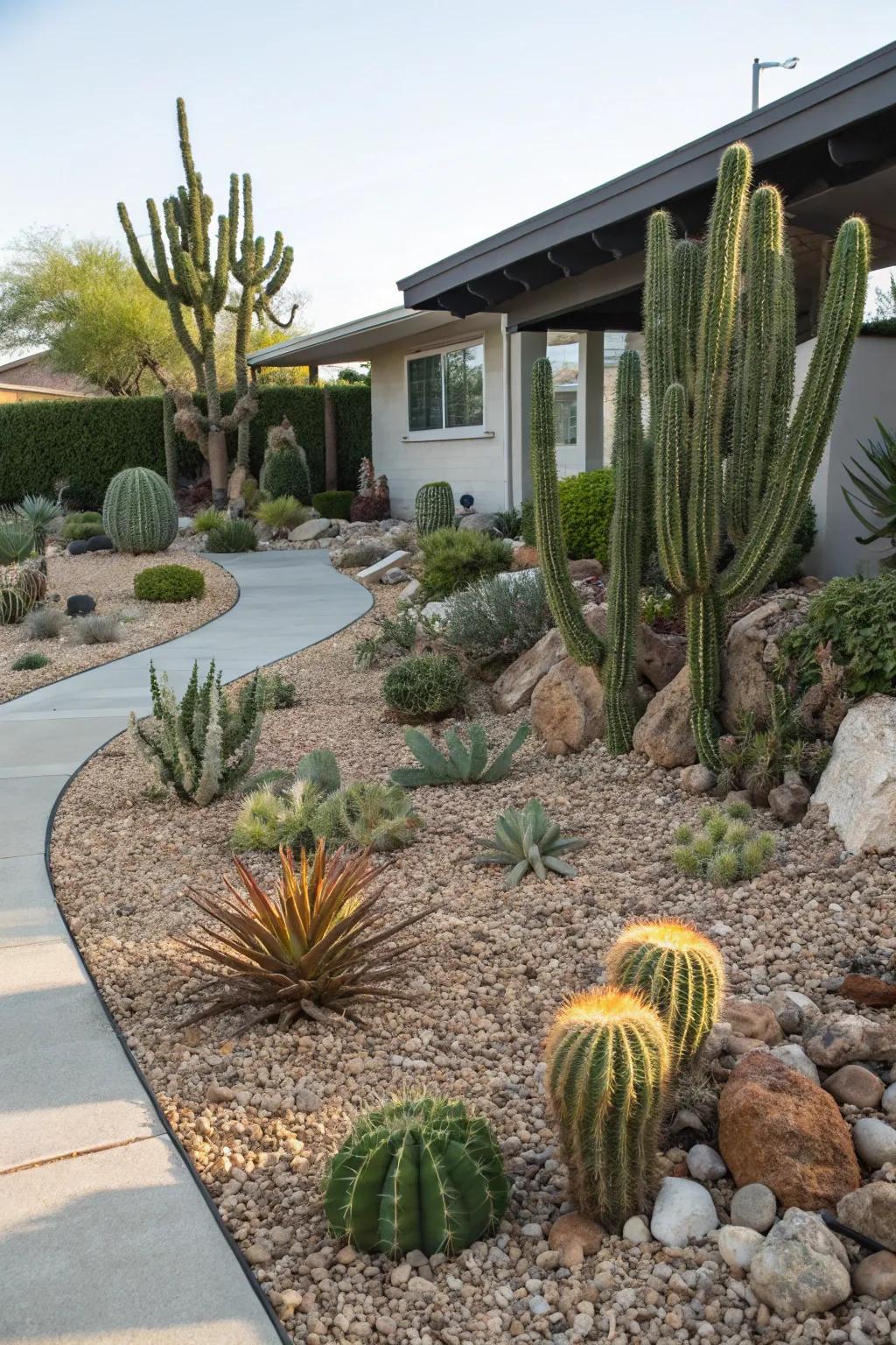 Crushed stone mulch for moisture retention and weed control.