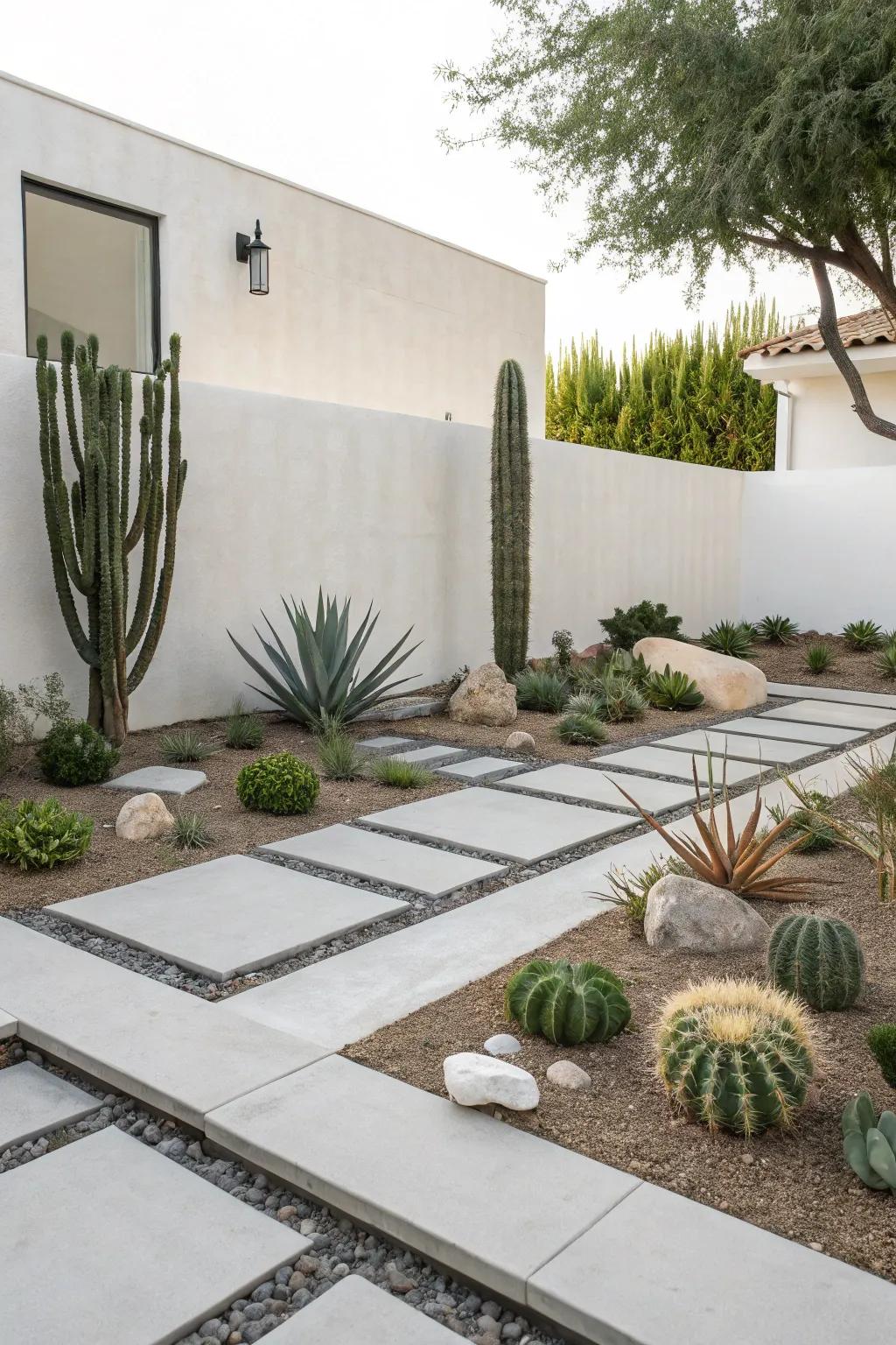 A clean and minimalist xeriscape that emphasizes simplicity.