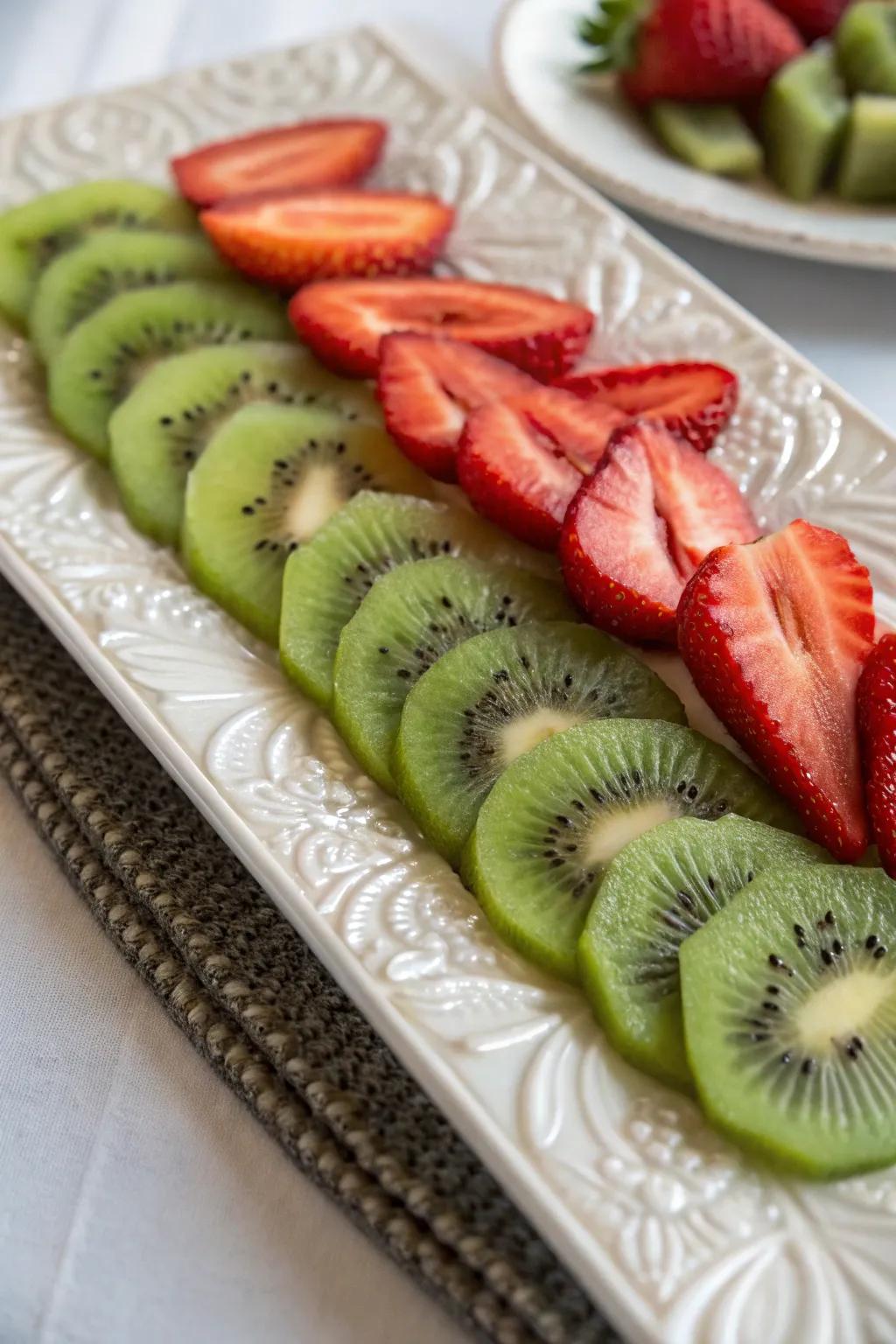 Kiwi and strawberry platters offer a fresh, lively visual.