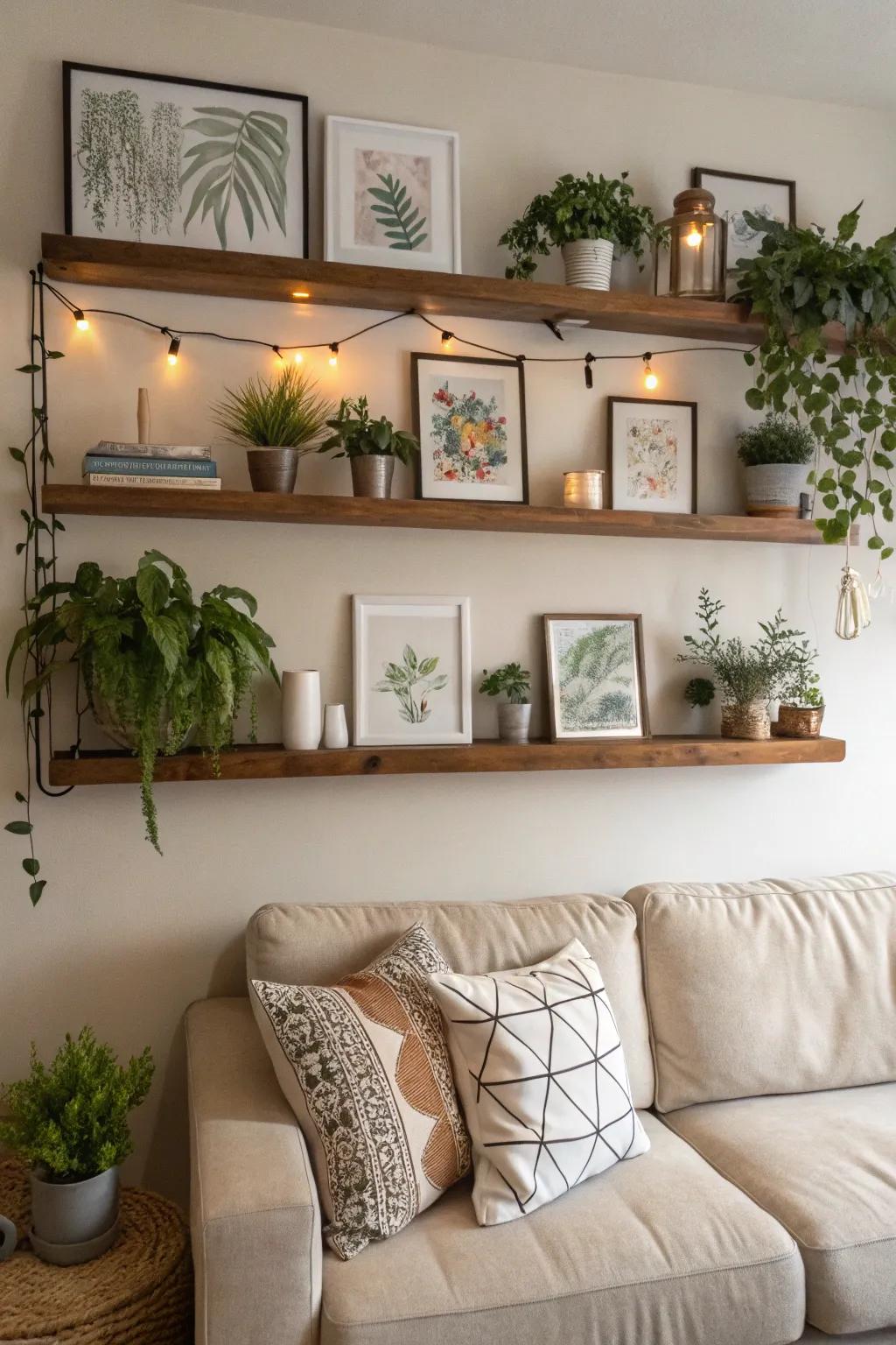 Hanging shelves behind the sofa, adding a modern touch to the area.