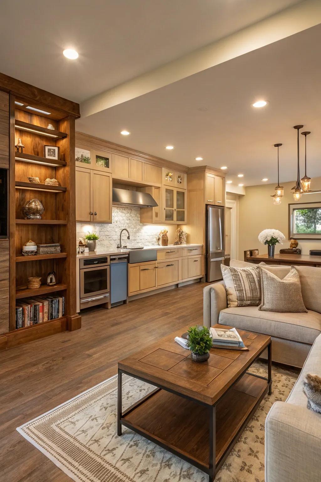 Matching colors tie the kitchen and living areas together.