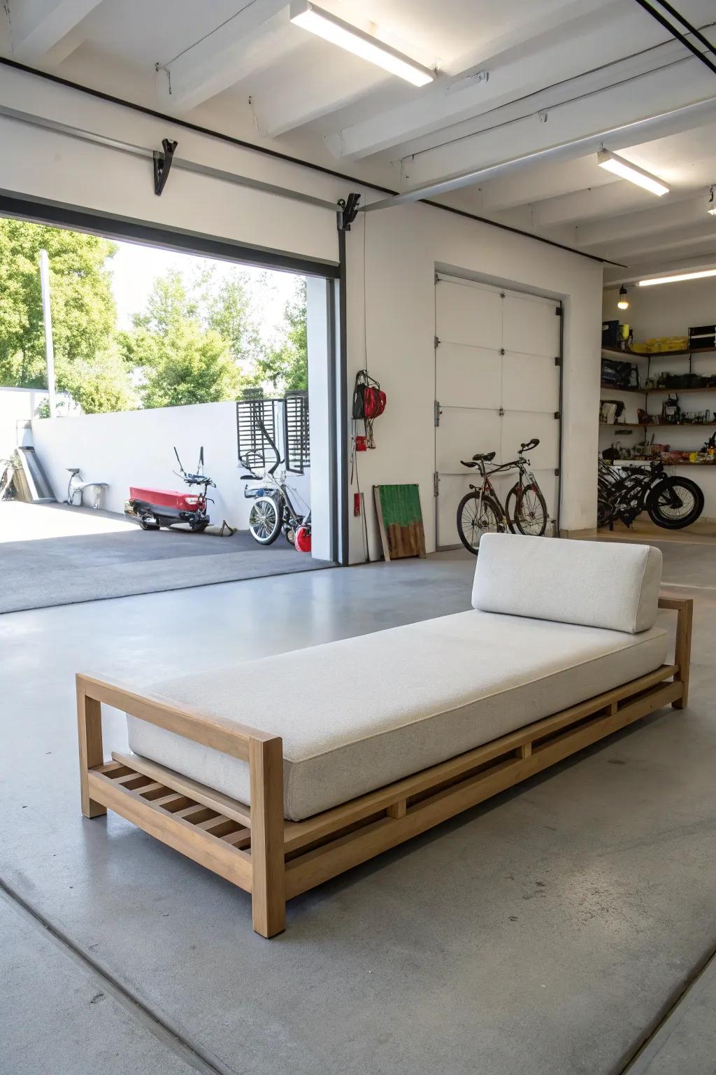 A minimalist daybed offers a sleek and tranquil addition to any garage.