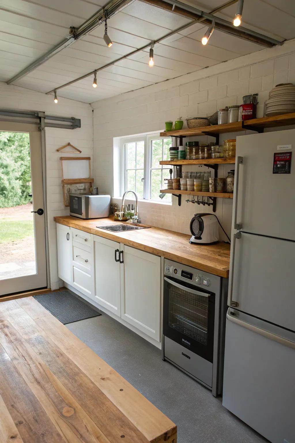 Butcher-block countertops add rustic charm.