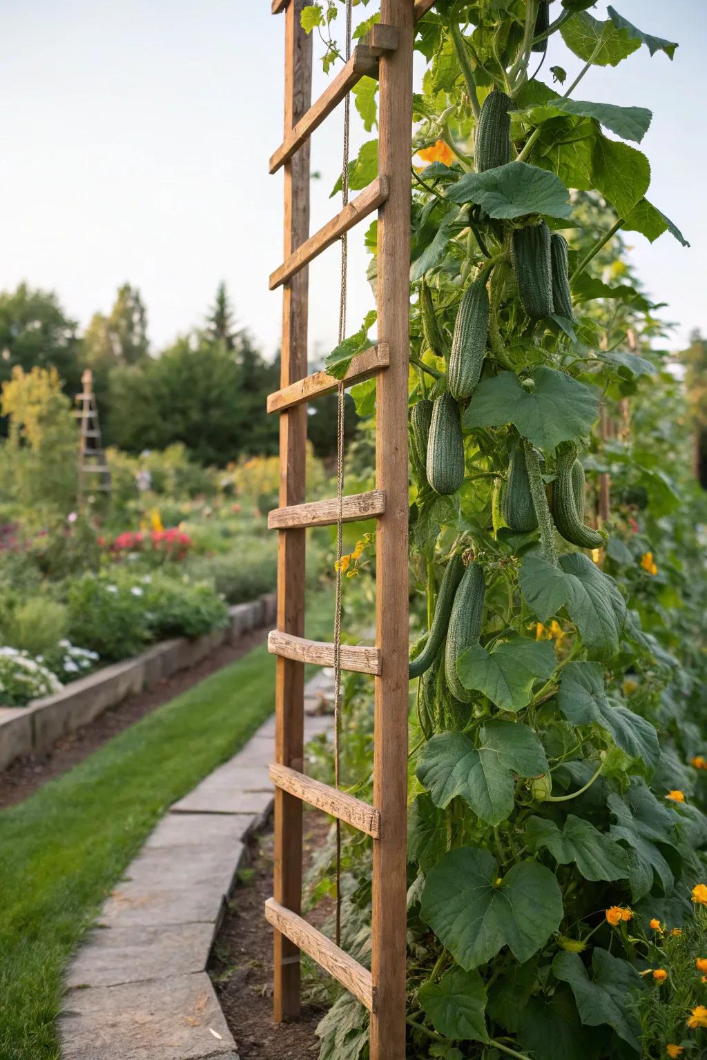 An upright garden with cucumbers growing well on a support.