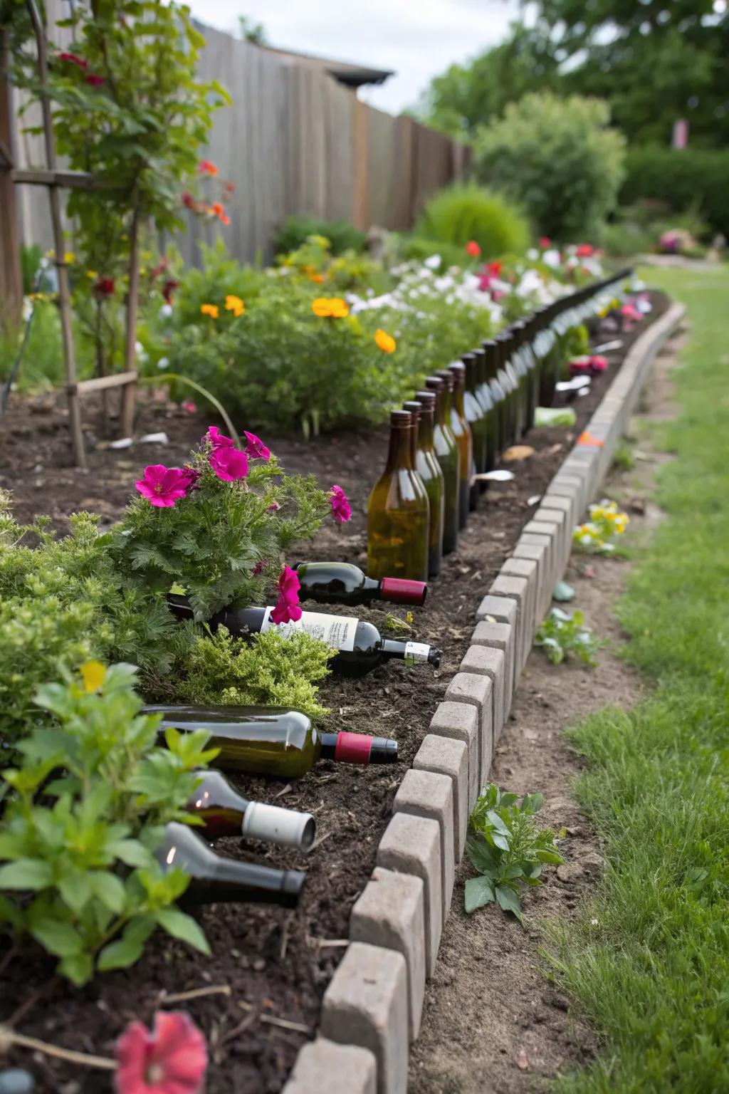 Wine bottles inject a kaleidoscopic and imaginative impression into garden boundaries.