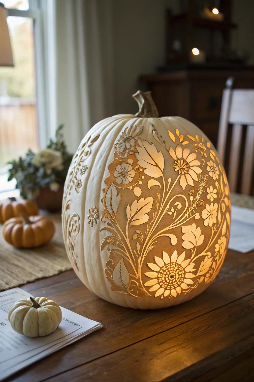 An elegant botanical dreams pumpkin, contributing sophistication to Halloween décor.