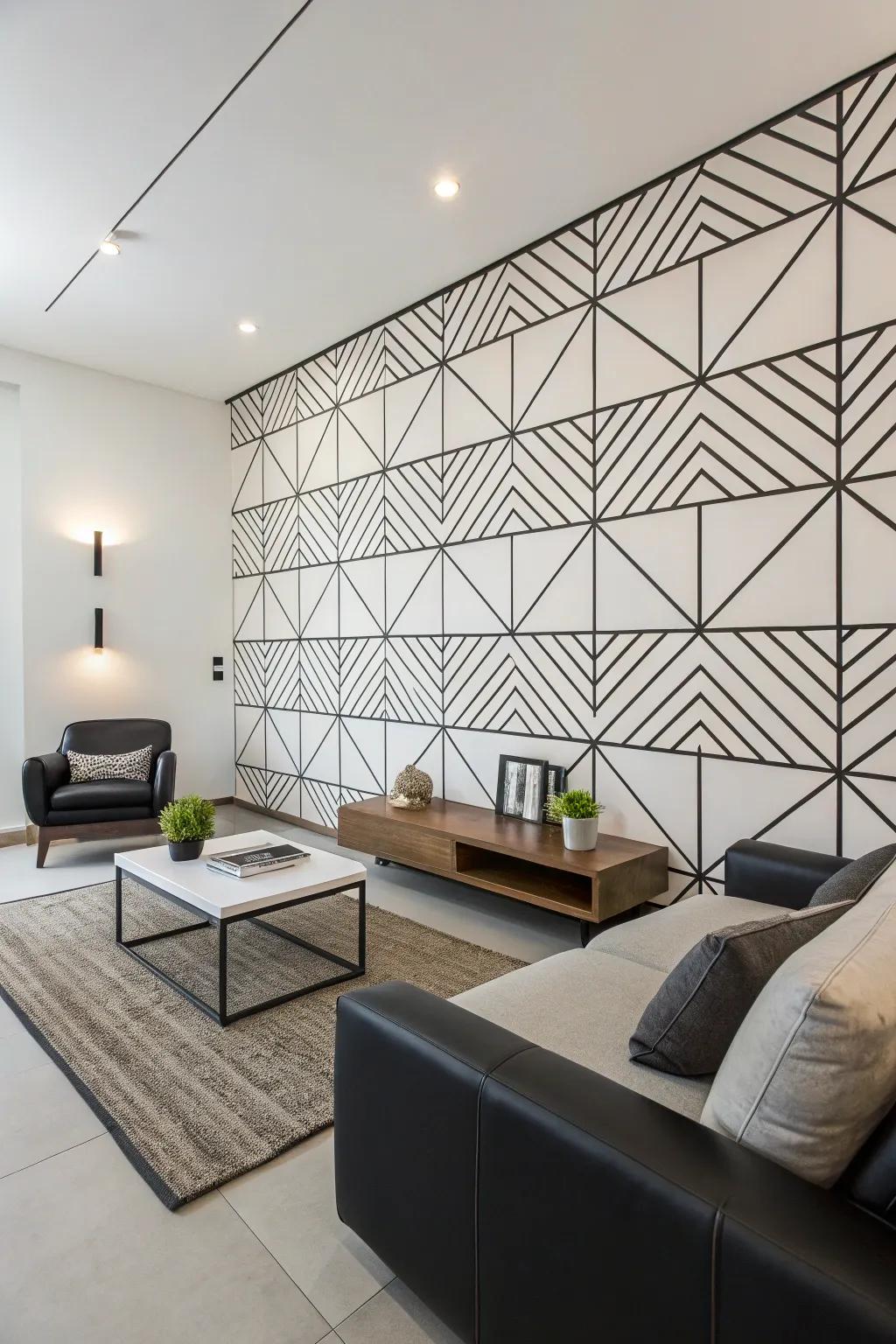 A minimalist space featuring monochrome linear geometric wall patterns.