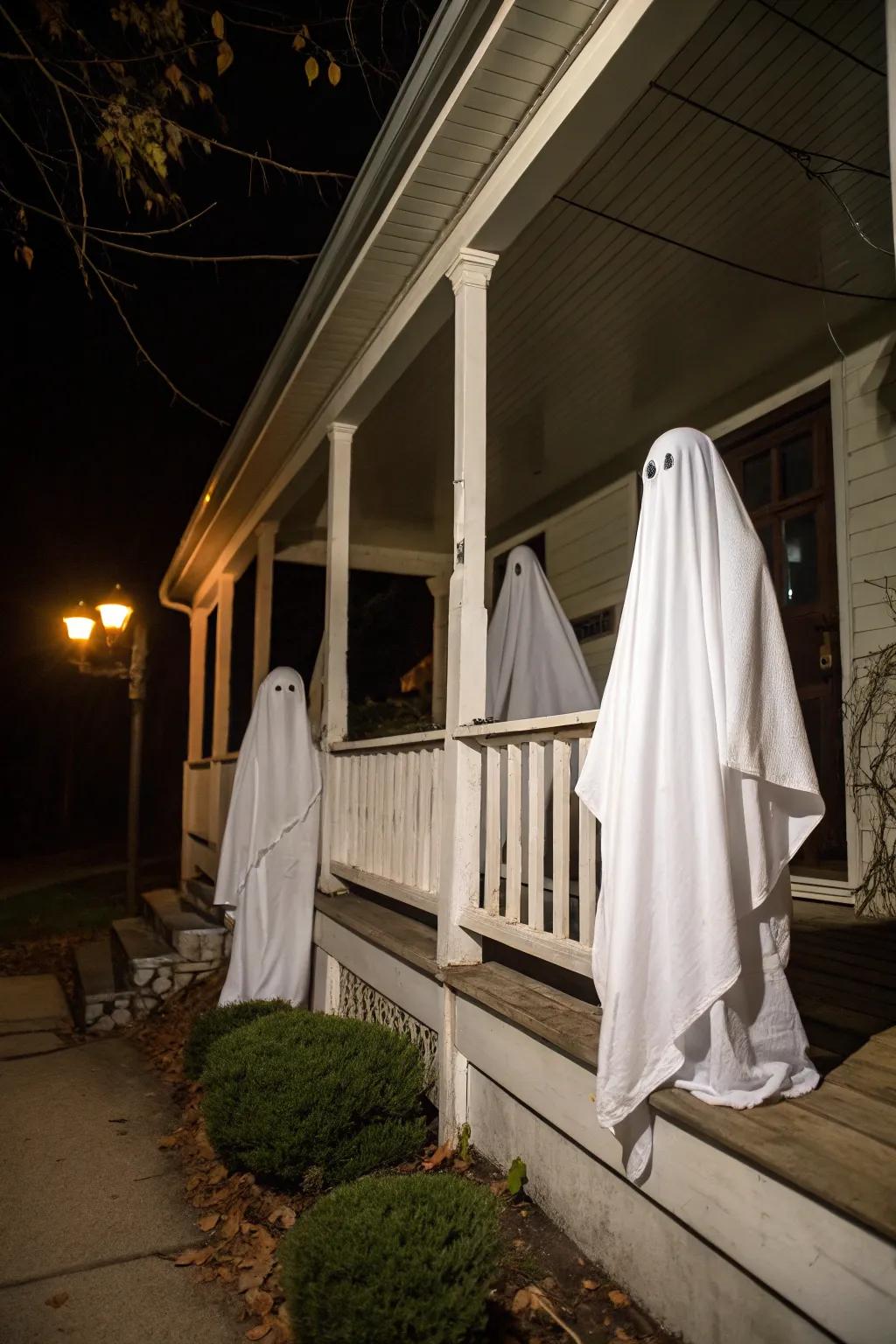 A specter covered porch establishes the atmosphere for a spooky Halloween evening.