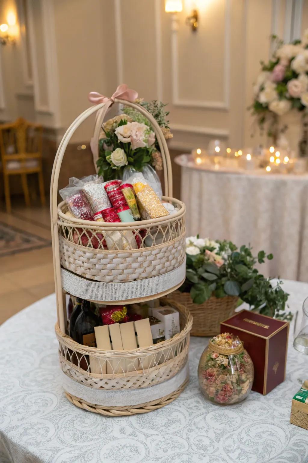A multi-layered gift basket featuring surprises at each stratum.