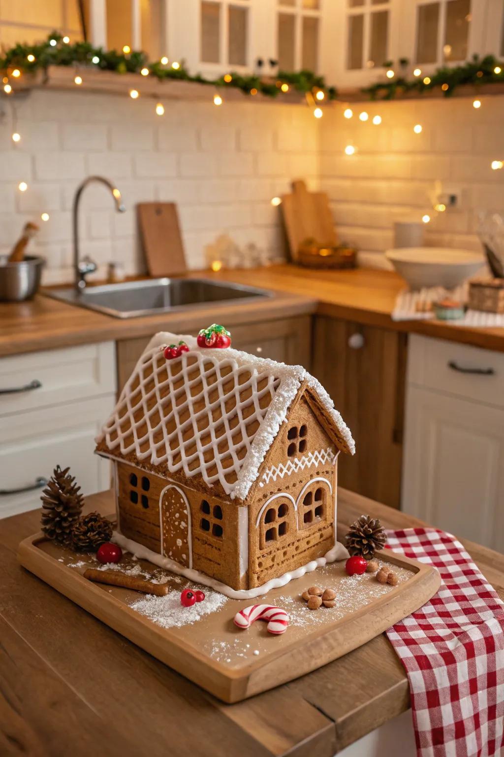 A gingerbread residence peak adorned with honeycomb crisp tiles.