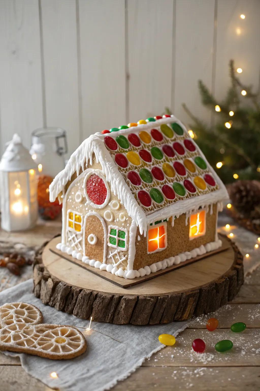 Add a touch of magic with colored glass panes on your gingerbread house—where elegance meets simplicity.