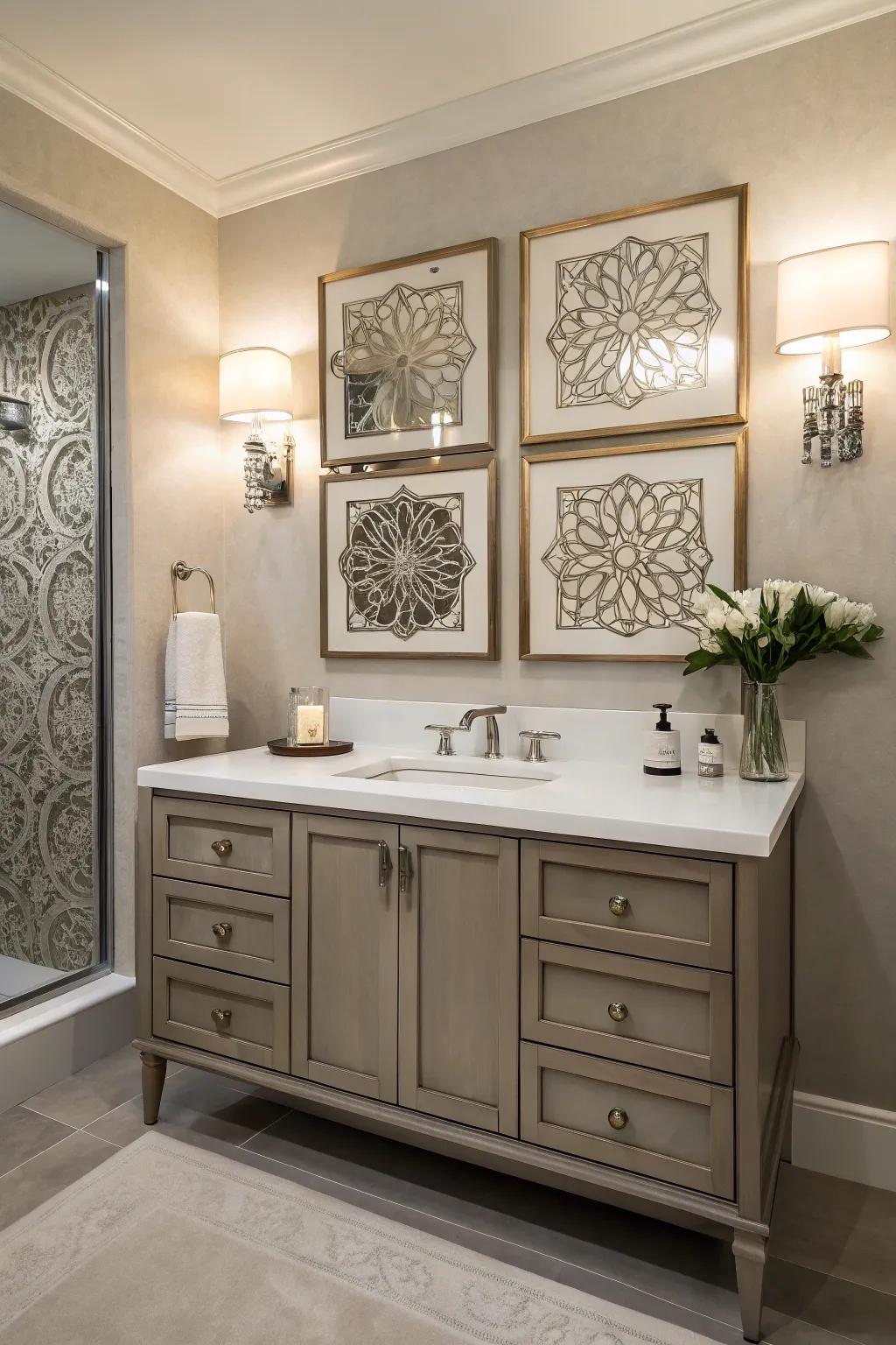 An elegant bathroom showcases wall art above a modern vanity.