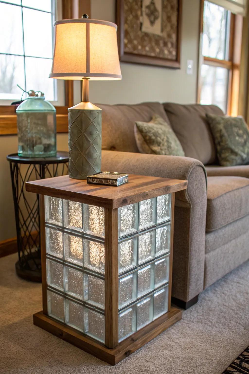 A contemporary side table featuring a transparent cube base.
