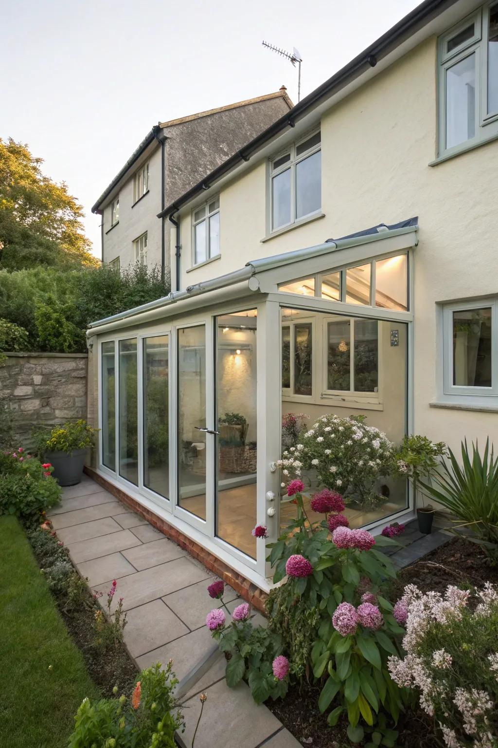 A sophisticated glass lean-to augmentation that capitalizes on space utilization.
