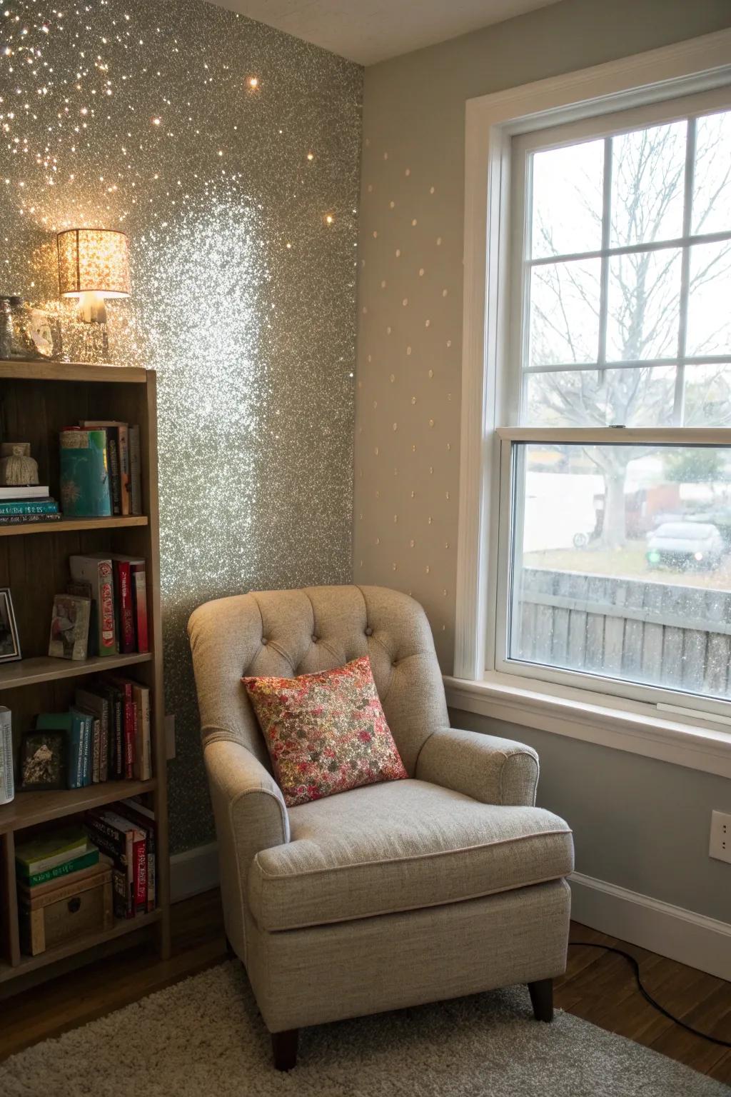 A <strong><em>glitter accent wall</em></strong> enhances the appeal of a reading nook.” loading=”lazy” class=”pimg”>
	</picture><figcaption>A <strong><em>glitter accent wall</em></strong> enhances the appeal of a reading nook.</figcaption></figure>
<p>Boost the allure of your reading corner using a <strong><em>glitter accent wall</em></strong>. It’s an inviting and elegant place that inspires you to delve into your preferred book.</p>
<h3>A few helpful options:</h3>
<ul class=