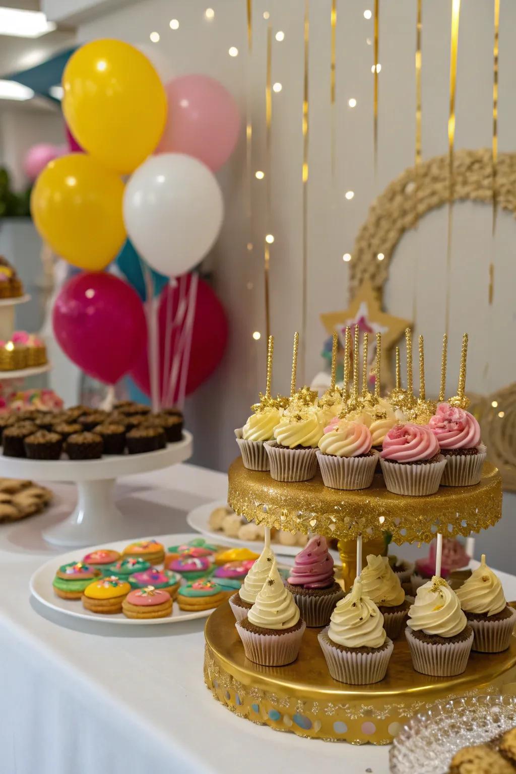 Detailed snack display featuring gold-decorated snacks.