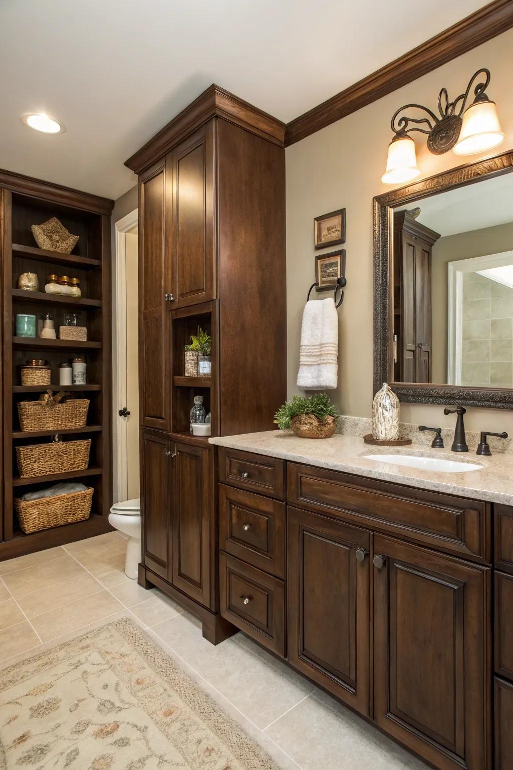 Dark wood elements deliver warmth and texture to the gothic bathroom.
