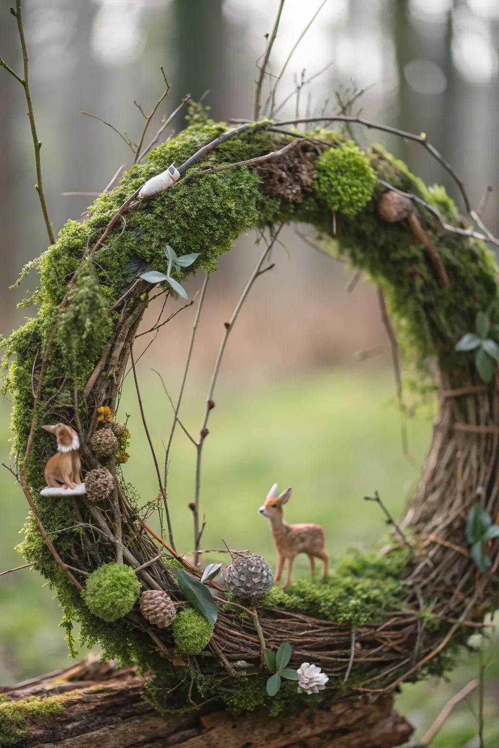 A quirky timberland-inspired natural fiber wreath adorned with lichen.