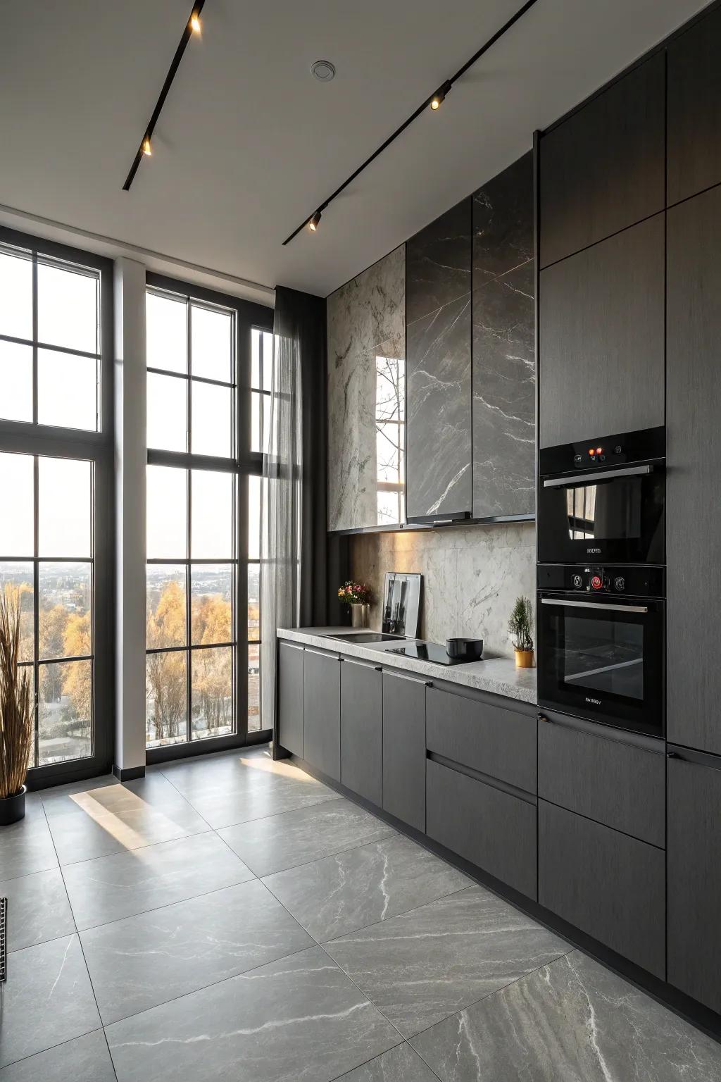 Spotlight from above enhances the kitchen's welcoming atmosphere.