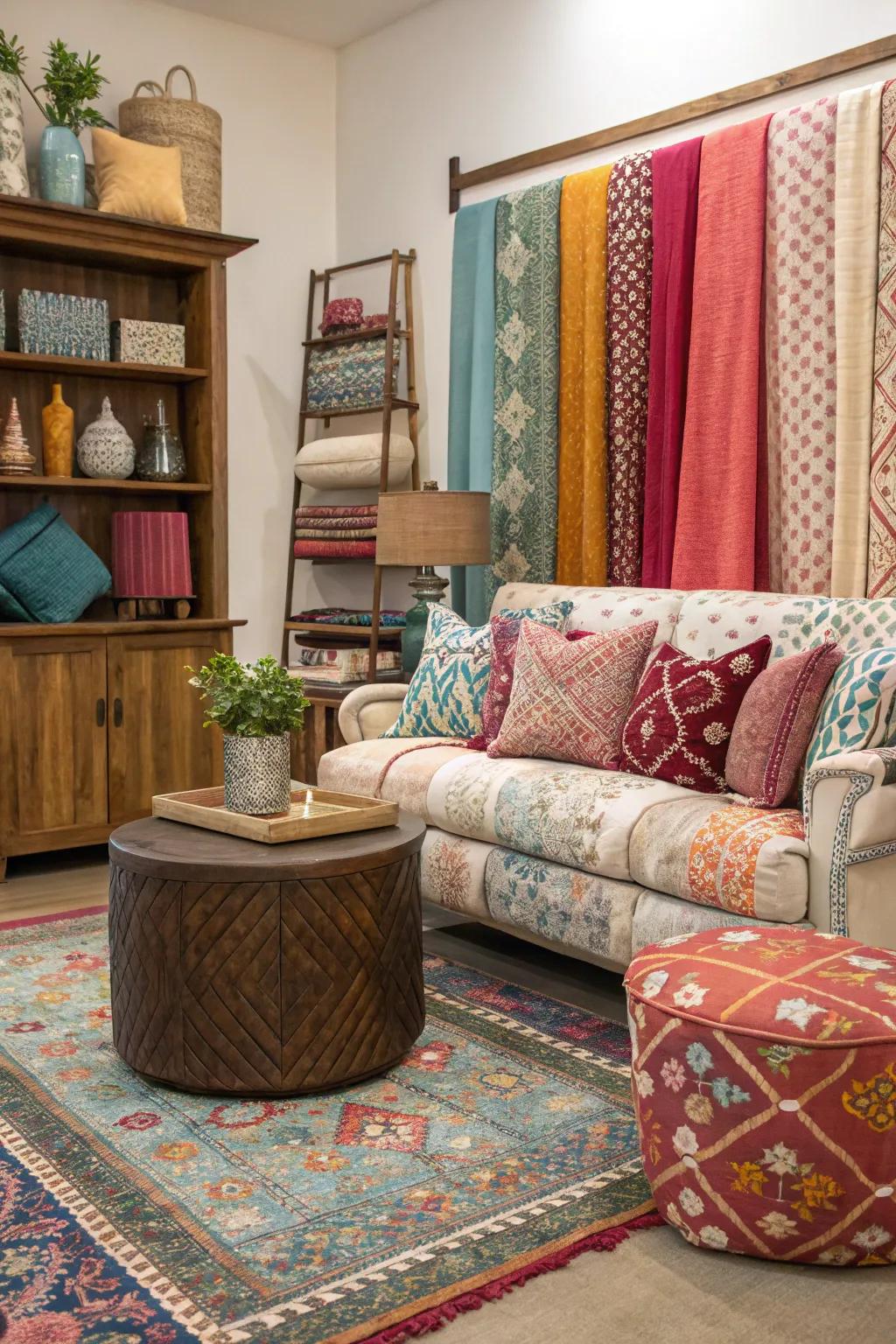 A vibrant mix of hue and surface enlivens the great room.