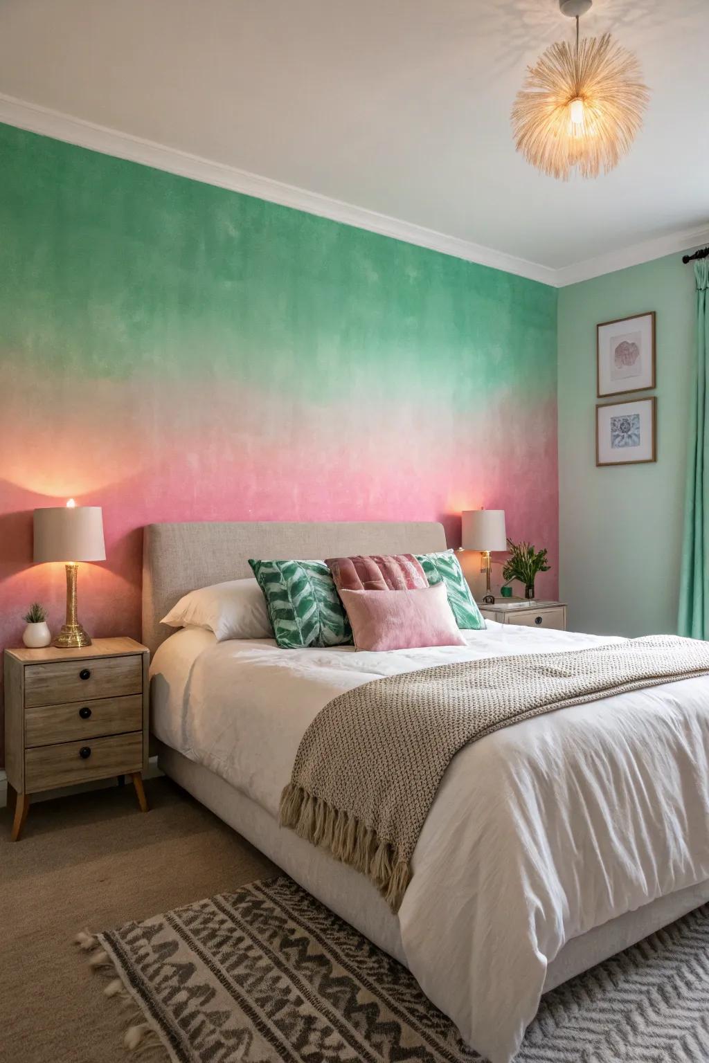 Gradient walls in verdant and rosy hues provide a unique and refined visual.