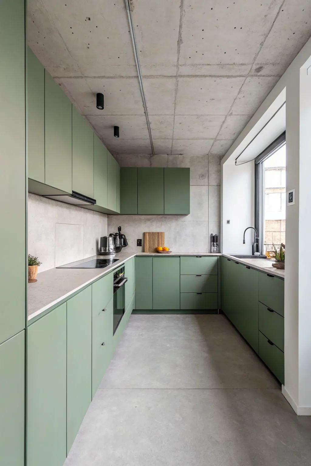 Modern minimalist culinary space featuring elegant flat green cabinets.
