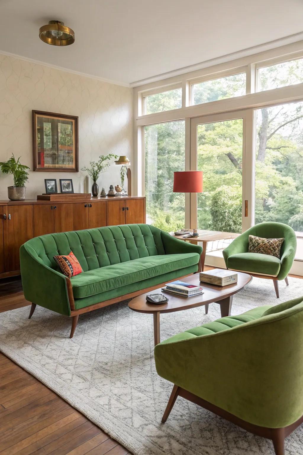 Mid-century modern elements pair marvelously with an emerald sofa for a chic retro vibe.