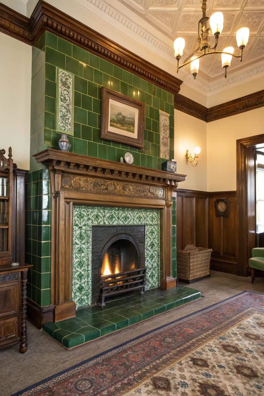 A charming, vintage-inspired fireplace adorned with intricately detailed green tiles.