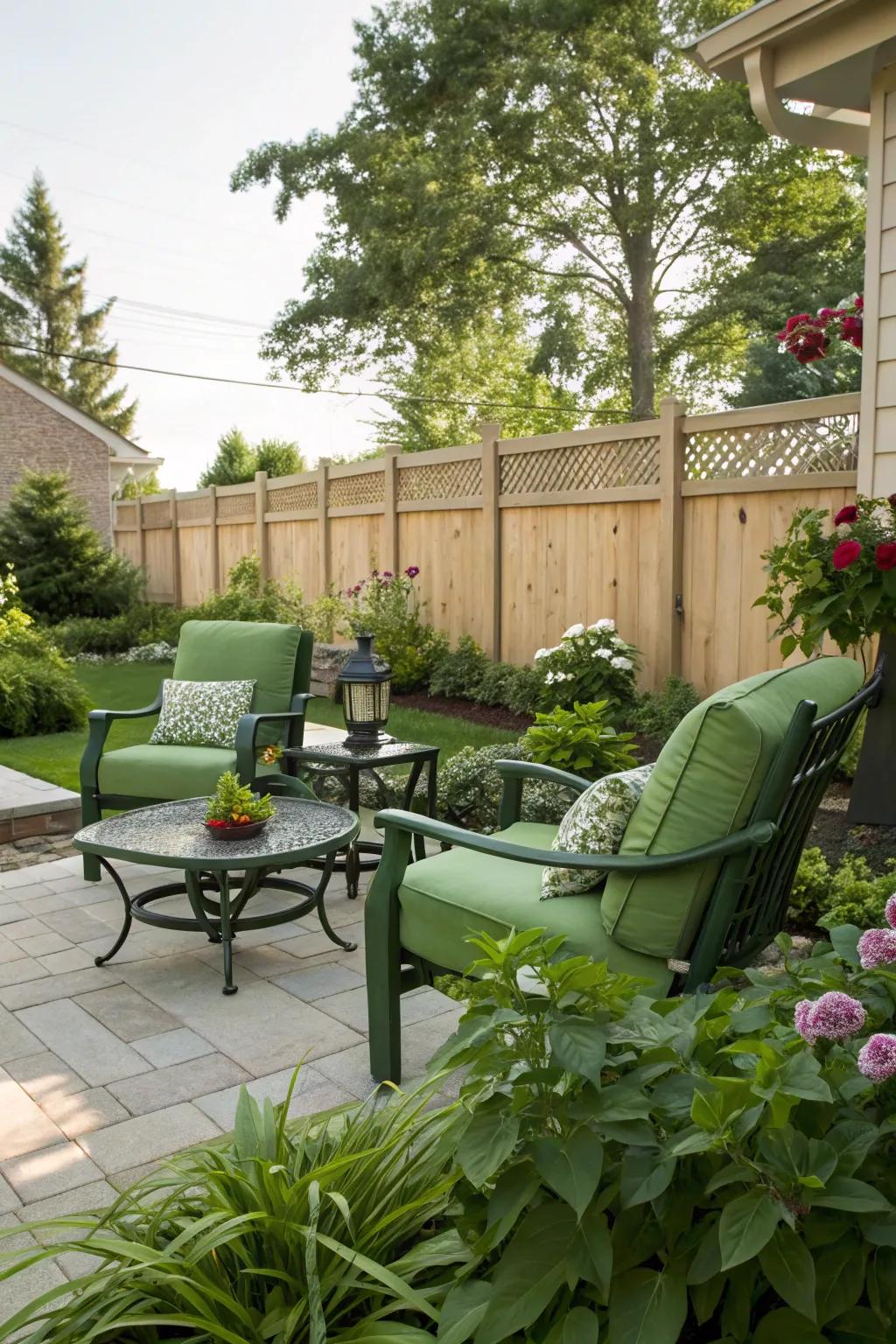 Verdant decor effortlessly extends to outdoor areas.