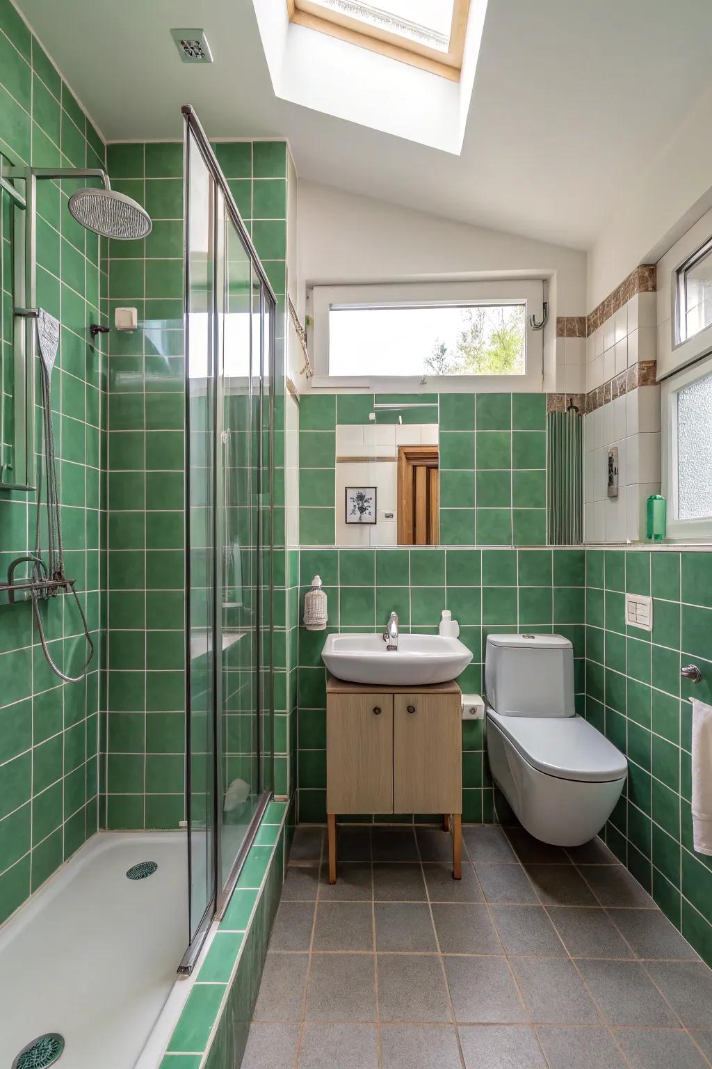 Using <strong><em>green</em></strong> tiles, design practical and fashionable layouts.” loading=”lazy” class=”pimg”>
	</picture><figcaption>Using <strong><em>green</em></strong> tiles, design practical and fashionable layouts.</figcaption></figure>
<p>For various areas in your bathroom, use <strong><em>green</em></strong> tiles to create a design that is both useful and fashionable. Zoning, in my experience, can aid in maintaining a tidy and well-organized appearance.</p>
<h3>Useful items to consider:</h3>
<ul class=