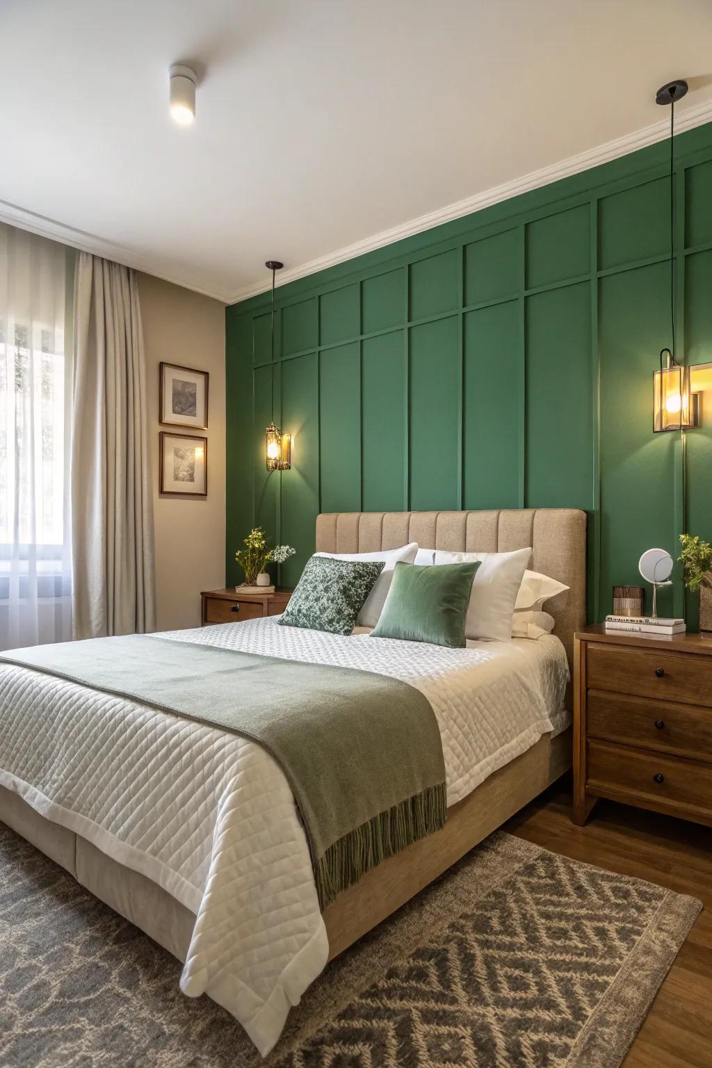 A stylish bedroom featuring a green feature wall as a focal point.
