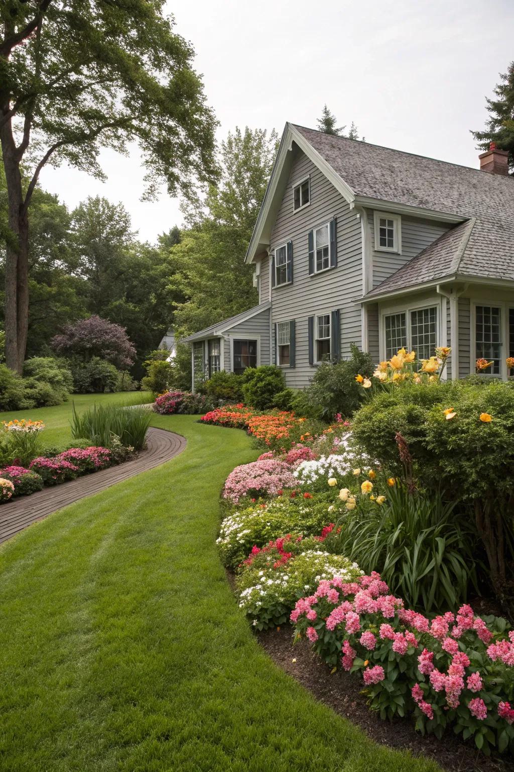 Lush greenery harmonizes with a silver exterior.