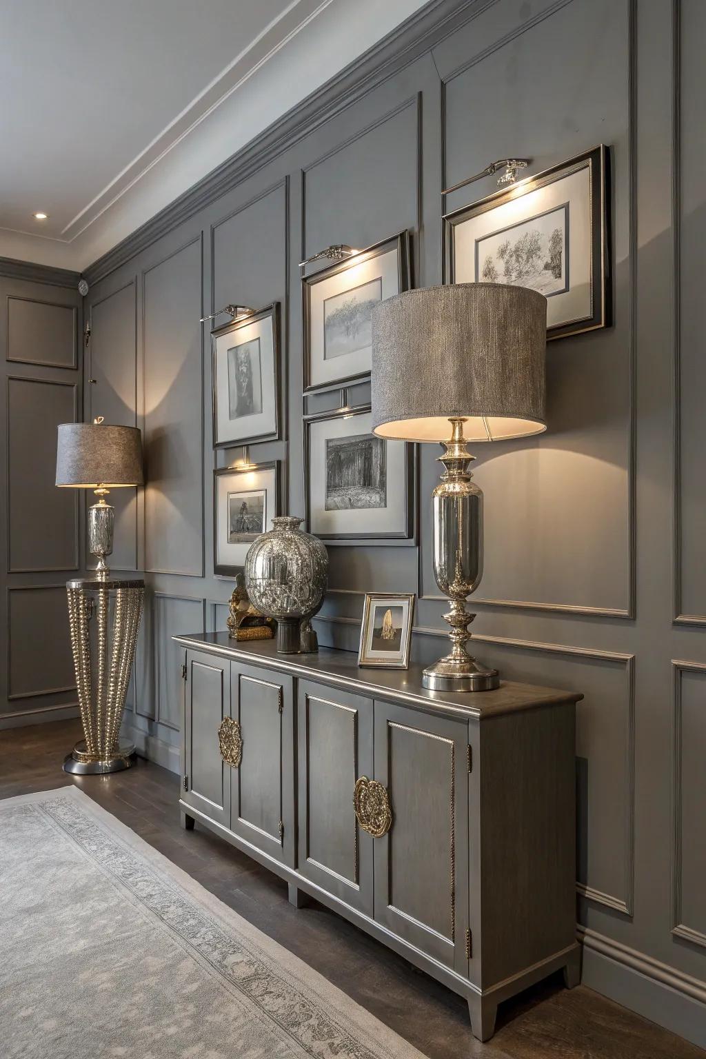 Metallic touches bring sparkle to this grey-themed room.