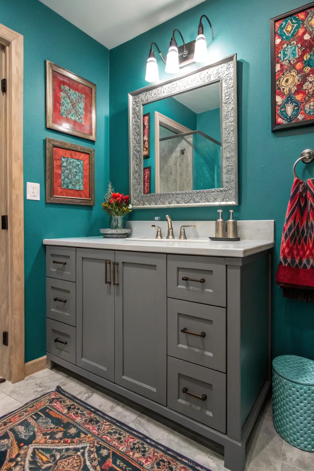 Brave colors like blue-green append theatrics to the charcoal washstand setup.