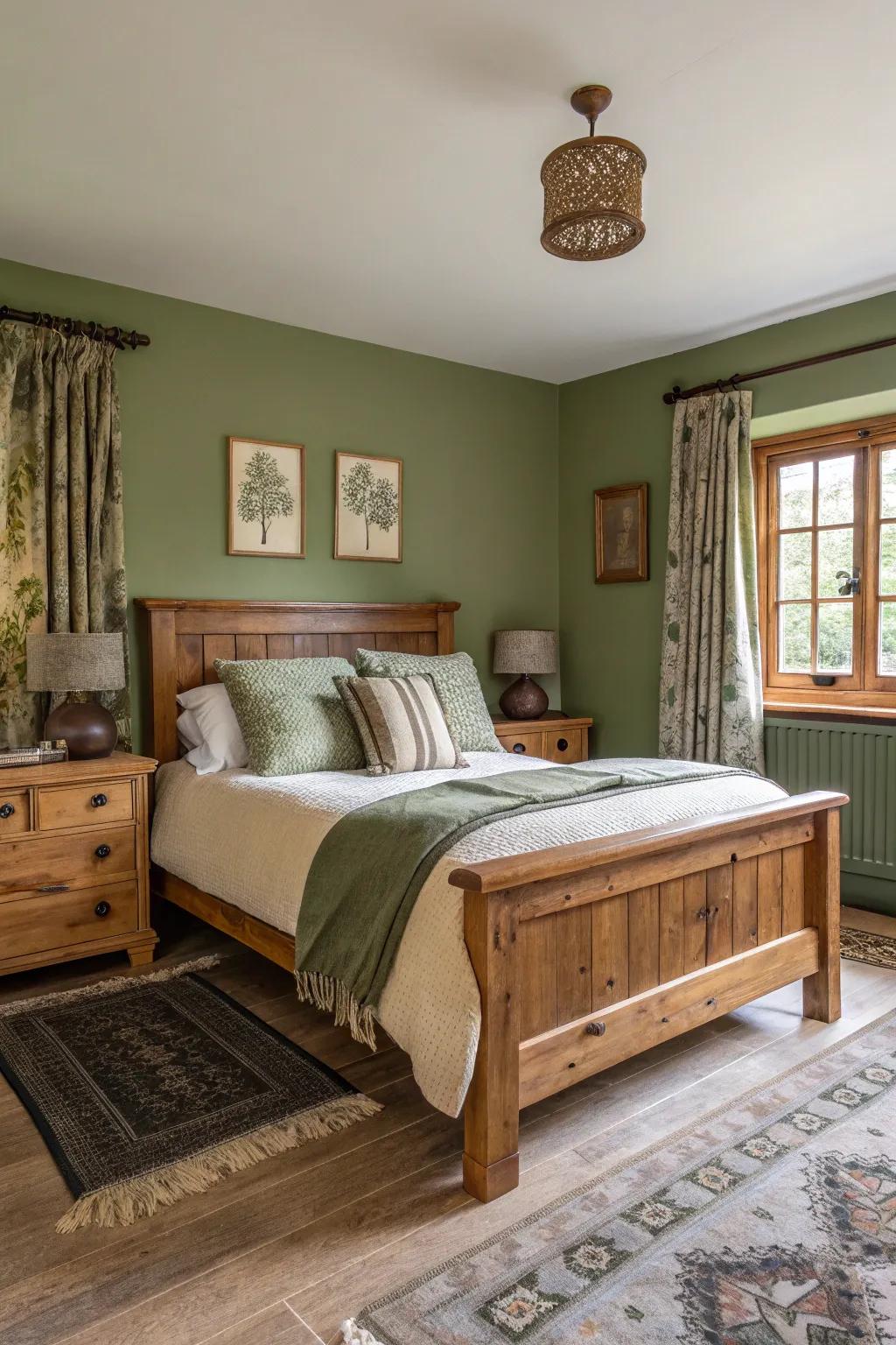 A guest room displaying country olive green for a grounded vibe.