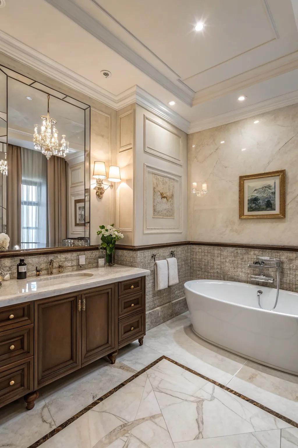 Marble tiles exude luxury and elegance.