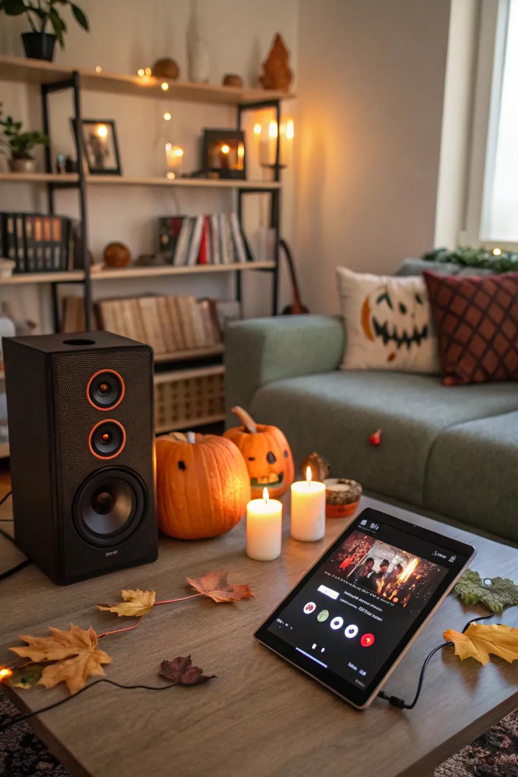 A spooky playlist enhances the atmosphere for a festive gathering.