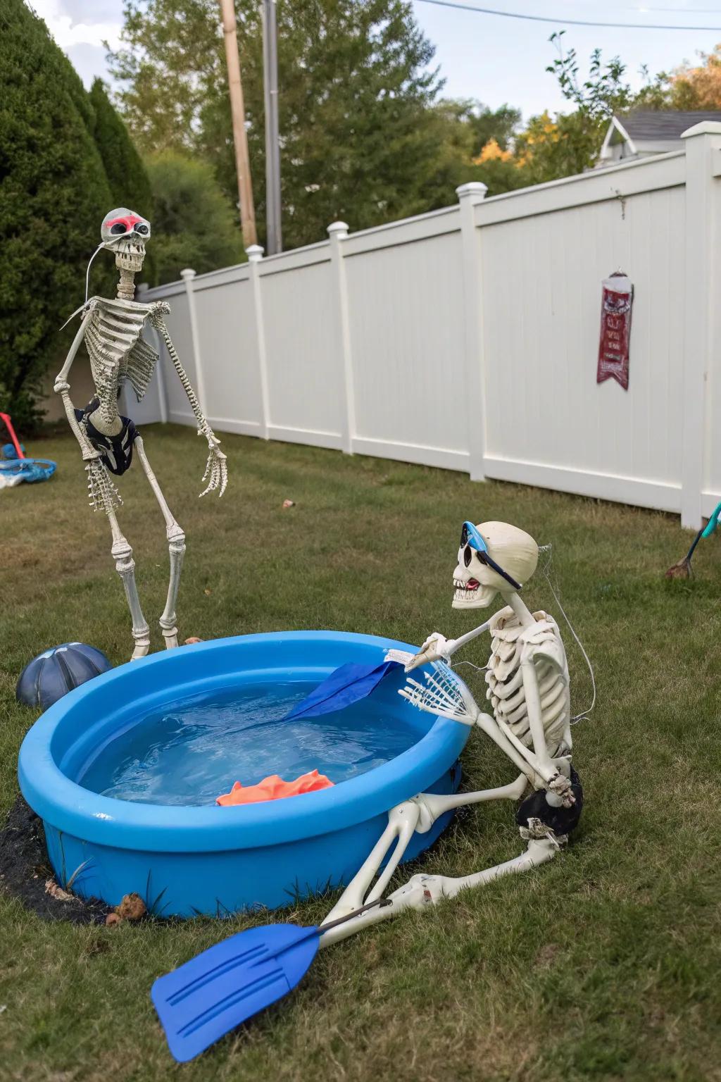 Diving skeletons bring a quirky beach feel to your Halloween decor.