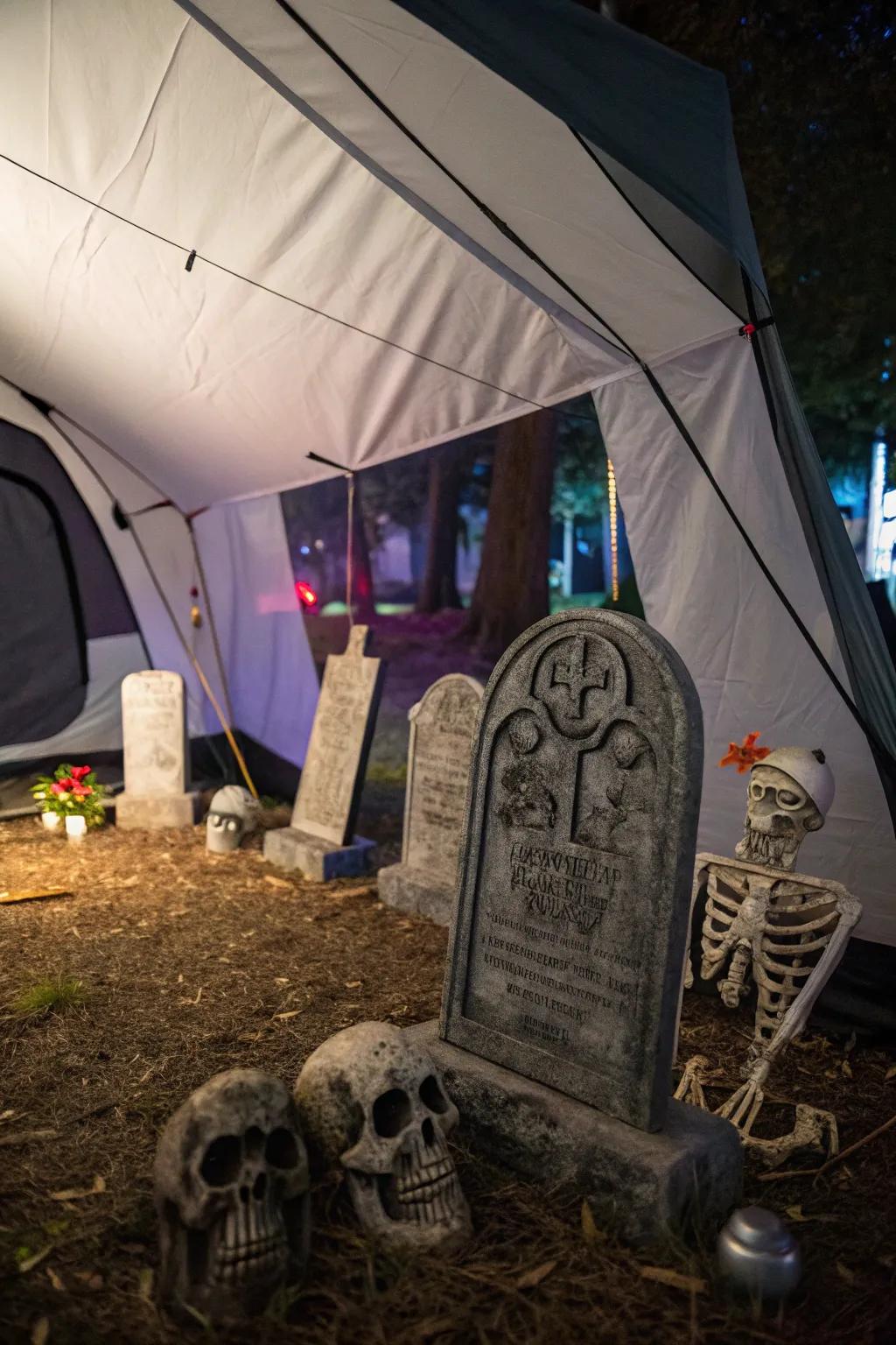 Evoke chills using a haunted cemetery setup within your tent.