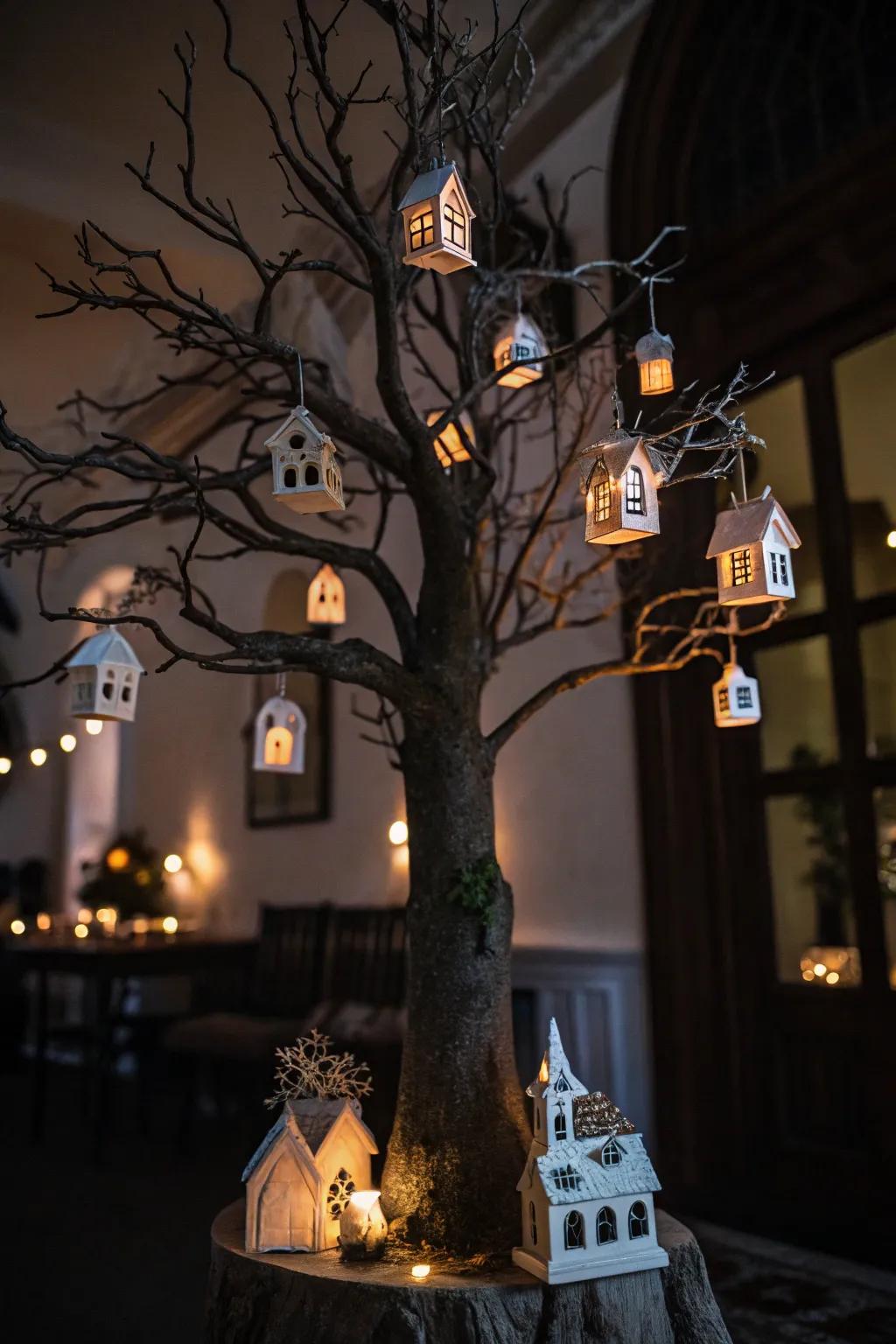 A detailed Halloween tree featuring miniature haunted manors.