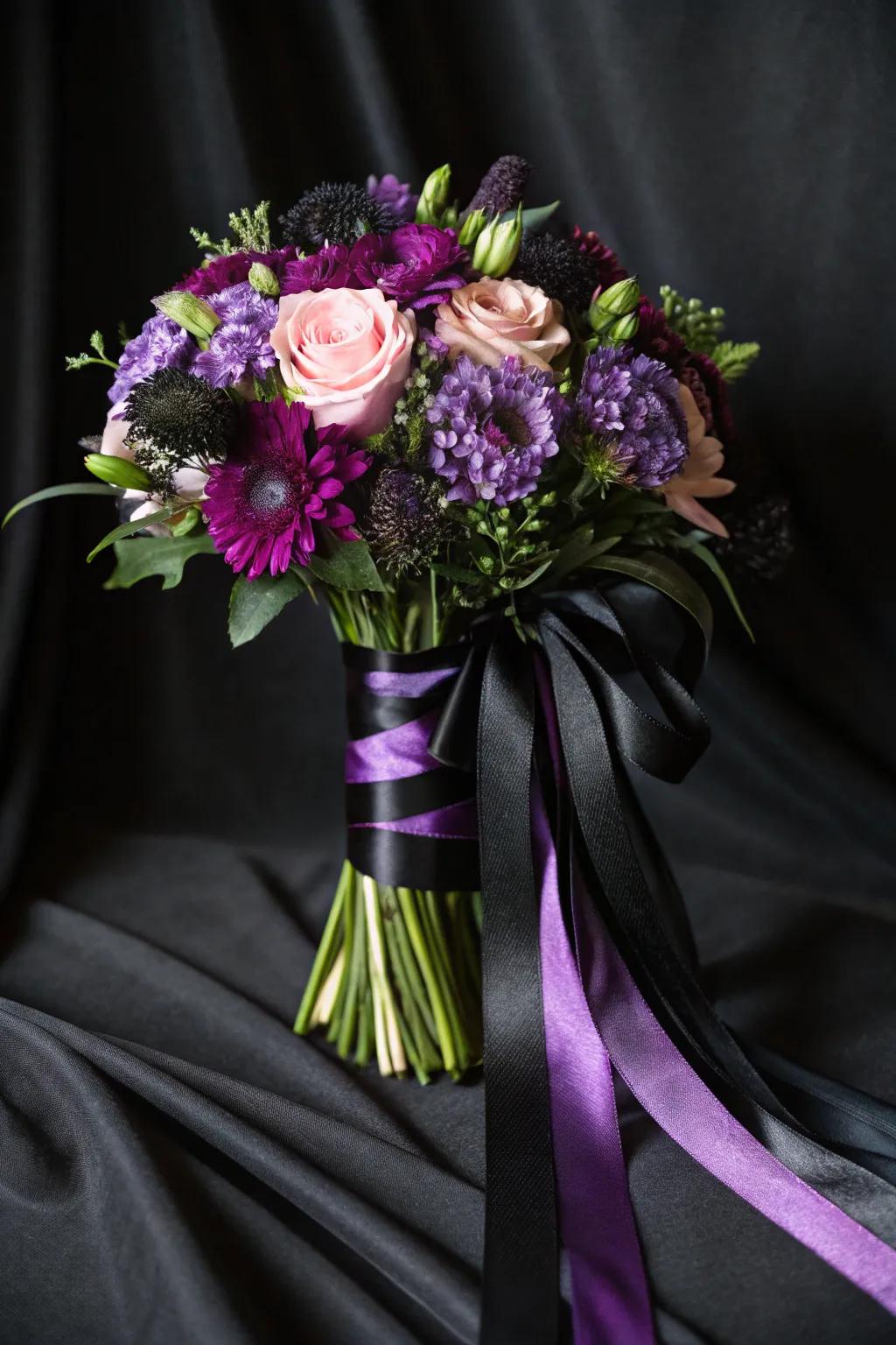 Ribbons in striking gradations amplify the drama of a bridal bouquet.