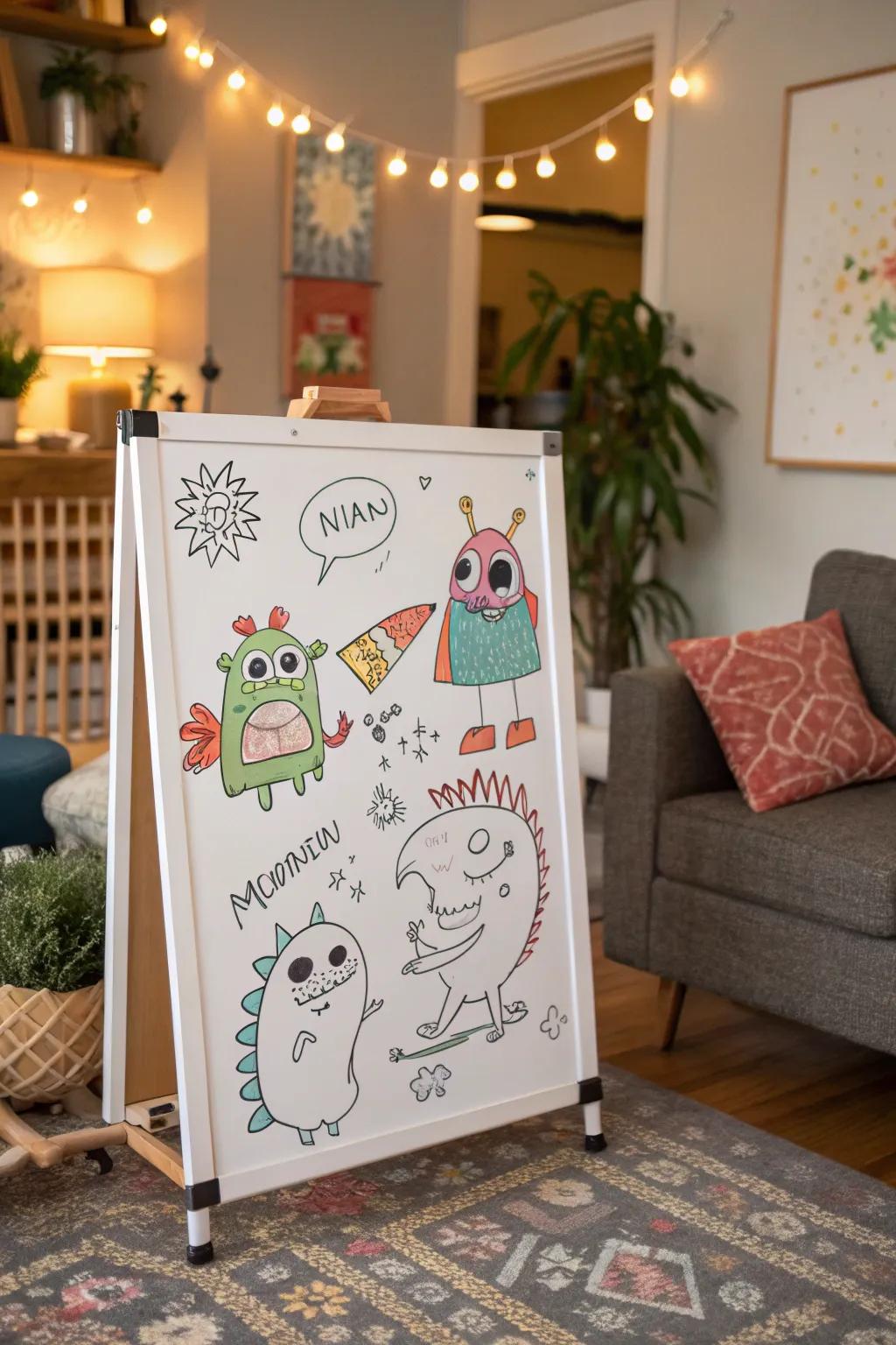 A collaborative monster mash-up on a whiteboard.