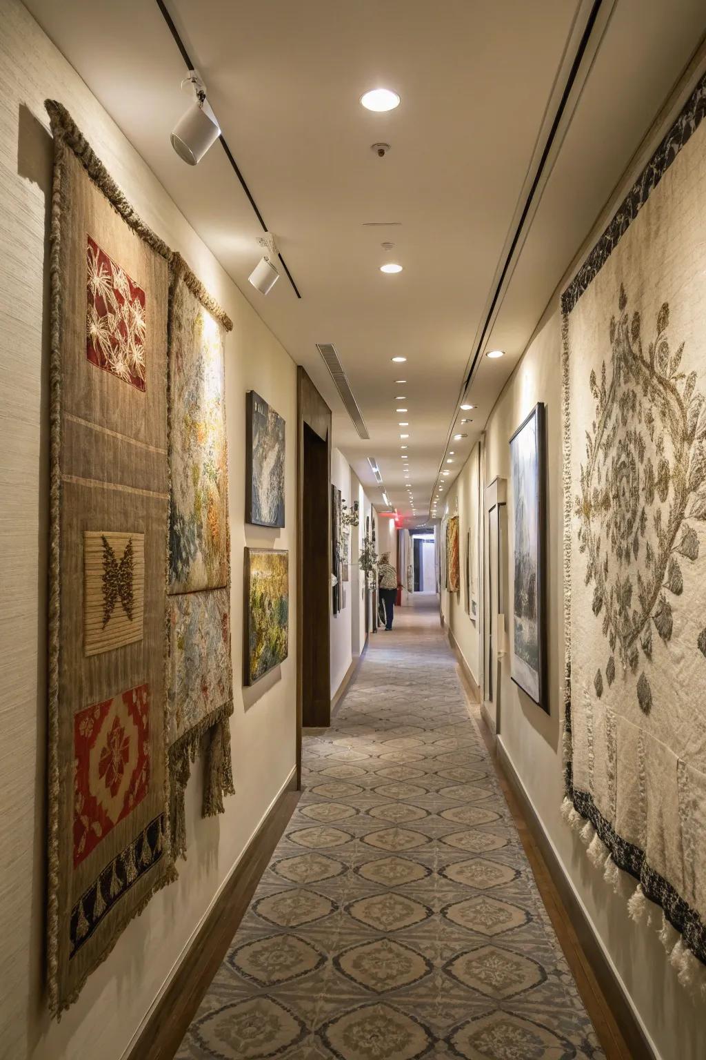 Textured art components bring depth and warmth to corridors.