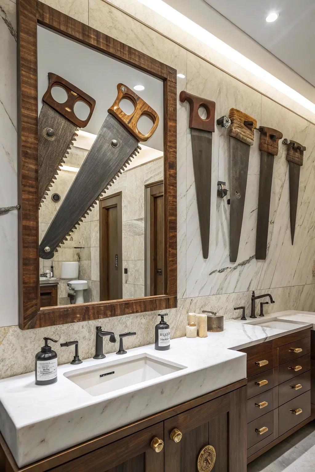 A mirror framed through handsaws to produce a unique impression.