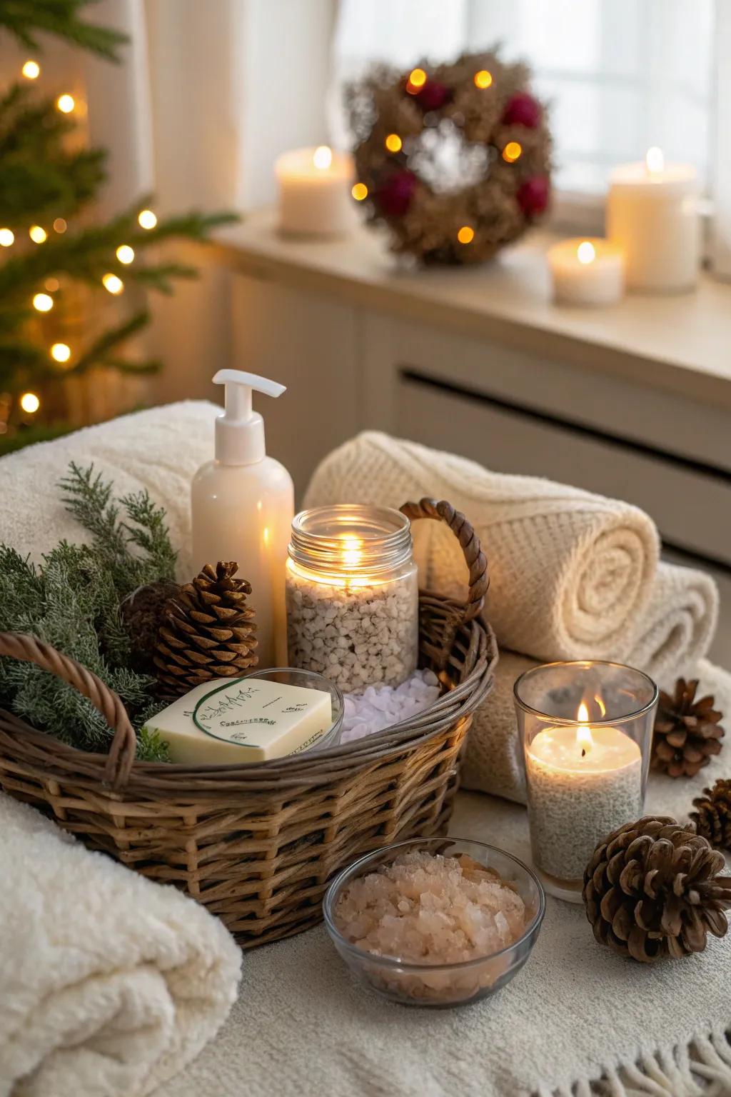 A styled container featuring hand soap and pampering treats