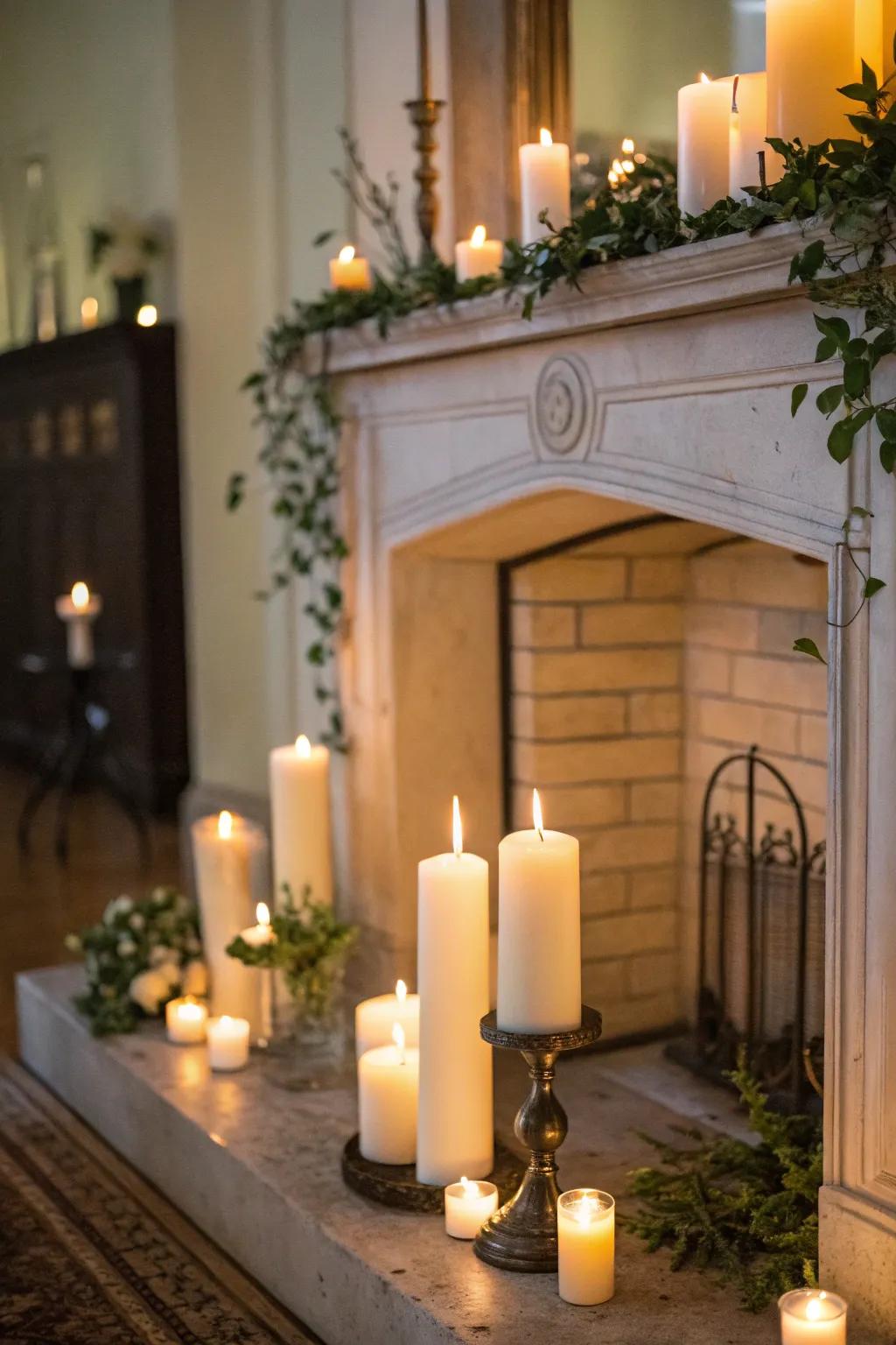 Candles create a cozy and inviting fireplace atmosphere.