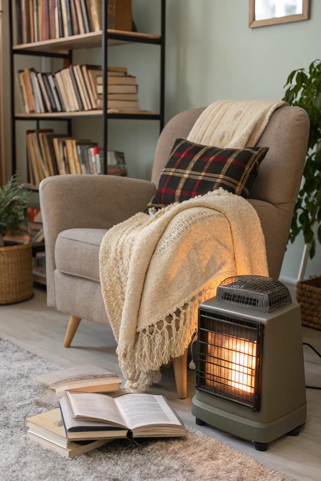A snug reading space featuring a movable electrical heater that allows quick and versatile heating.